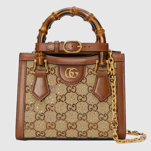 Gucci Diana crystals small tote bag in camel and dark brown GG canvas