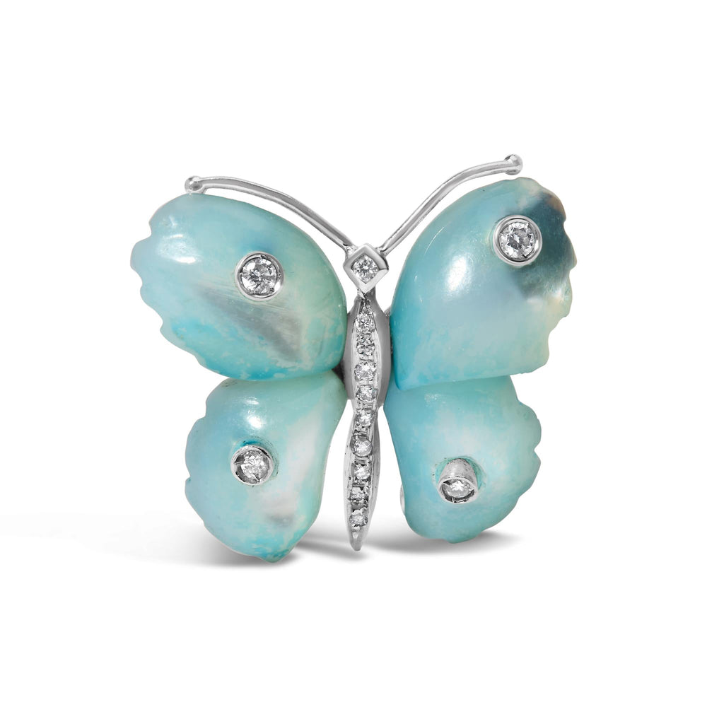 18K White Gold Blue Mother of Pearl and Diamond Accent Butterfly Pin Brooch (F-G Color, VS1-VS2 Clarity)