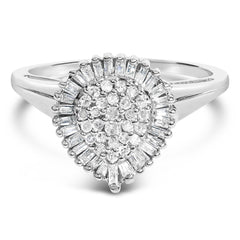 10K White Gold 1/2 Cttw Round & Baguette Cut Diamond Pear Shaped Domed Pavé Cluster with Halo Cocktail Ring (H-I Color, SI1-SI2 Clarity)