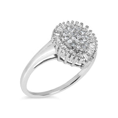 10K White Gold 1/2 Cttw Round & Baguette Cut Diamond Pear Shaped Domed Pavé Cluster with Halo Cocktail Ring (H-I Color, SI1-SI2 Clarity)