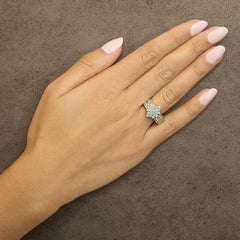 10K Yellow Gold 1.0 Cttw Round & Baguette Cut Diamond Floral Cluster Double-Channel Flared Band Statement Ring (H-I Color, SI2-I1 Clarity)
