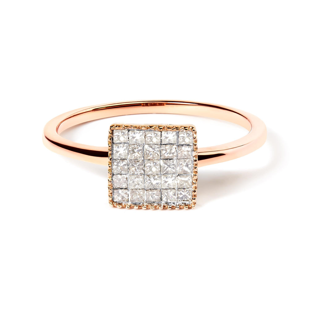 10K Rose Gold 1/3 Cttw Invisible Set Princess Cut Diamond Composite Square Shape Ring for Women (H-I color, I1-I2 clarity)