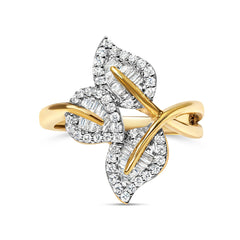 10k Yellow and White Gold 1/2 Cttw Baguette and Round Diamond Bypass Triple Leaf Ring (I-J Color, I1-I2 Clarity)
