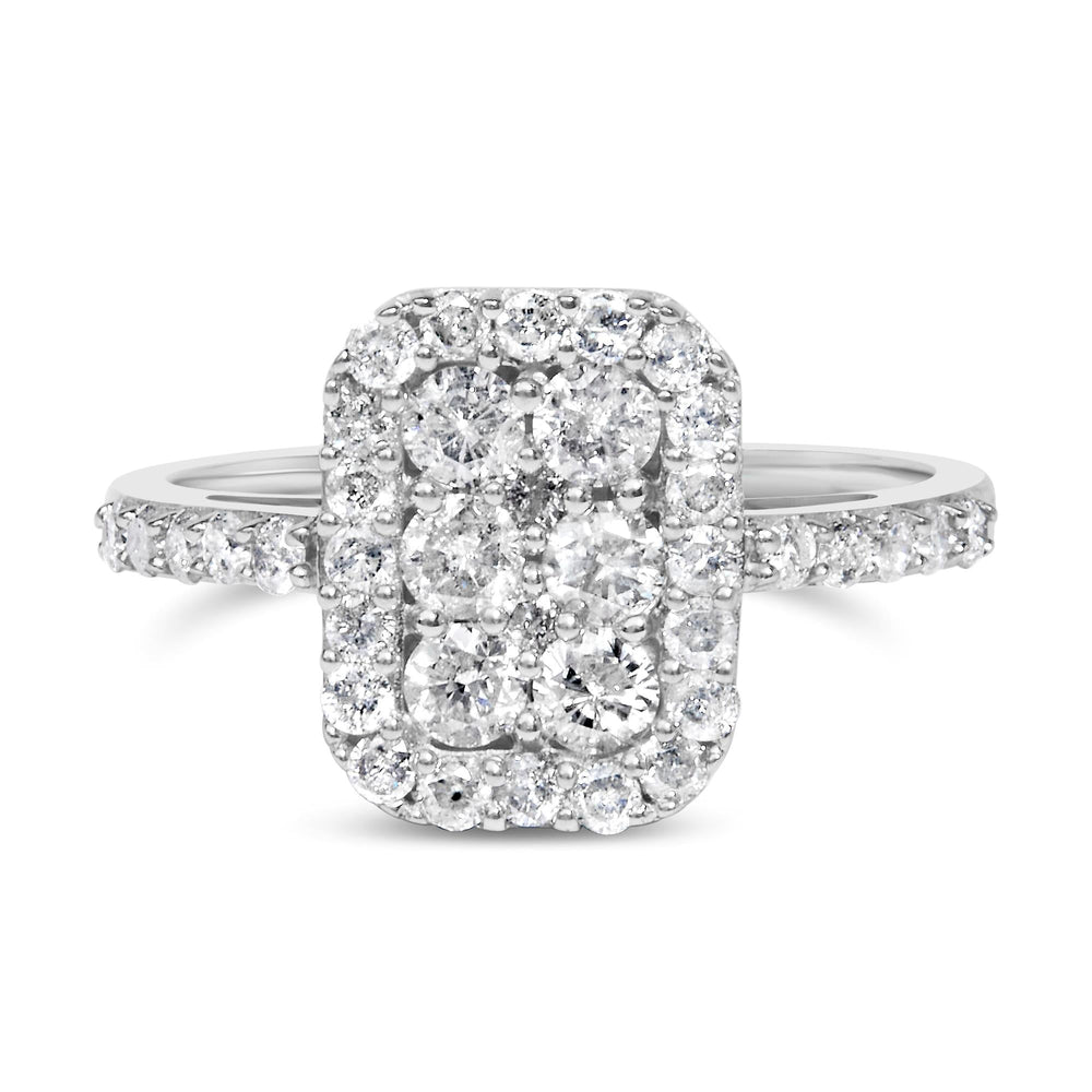.925 Sterling Silver 1.0 Cttw Diamond Emerald-Shaped Cluster with Halo Cathedral Style Cocktail Ring (I-J Color, I3 Clarity)