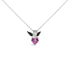 Sterling Silver Diamond Accent & Created Pink Sapphire Angel Heart Pendant Necklace