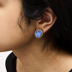 18K Yellow Gold 11x14MM Blue Fluorite Oval Stud Earrings with 1/2 Cttw Diamond Halo