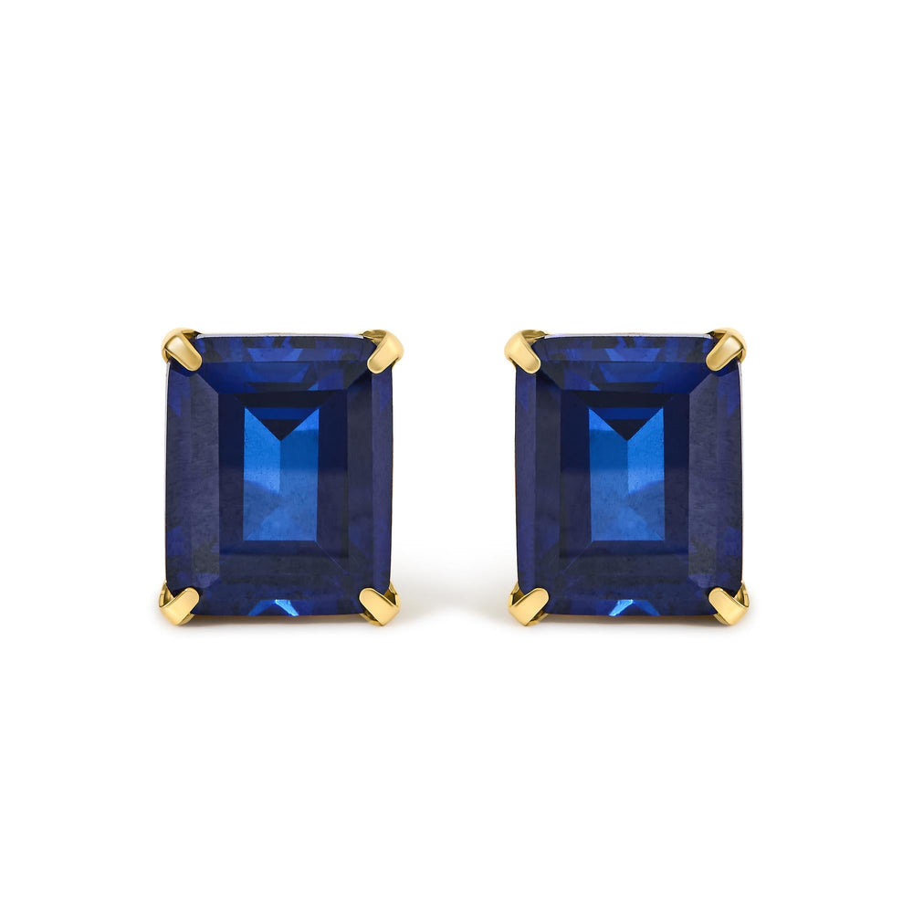 18K Yellow Gold 10x8 MM Lab Created Blue Sapphire Emerald Cut Solitaire Stud Earrings