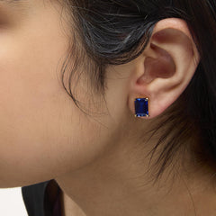 18K Yellow Gold 10x8 MM Lab Created Blue Sapphire Emerald Cut Solitaire Stud Earrings