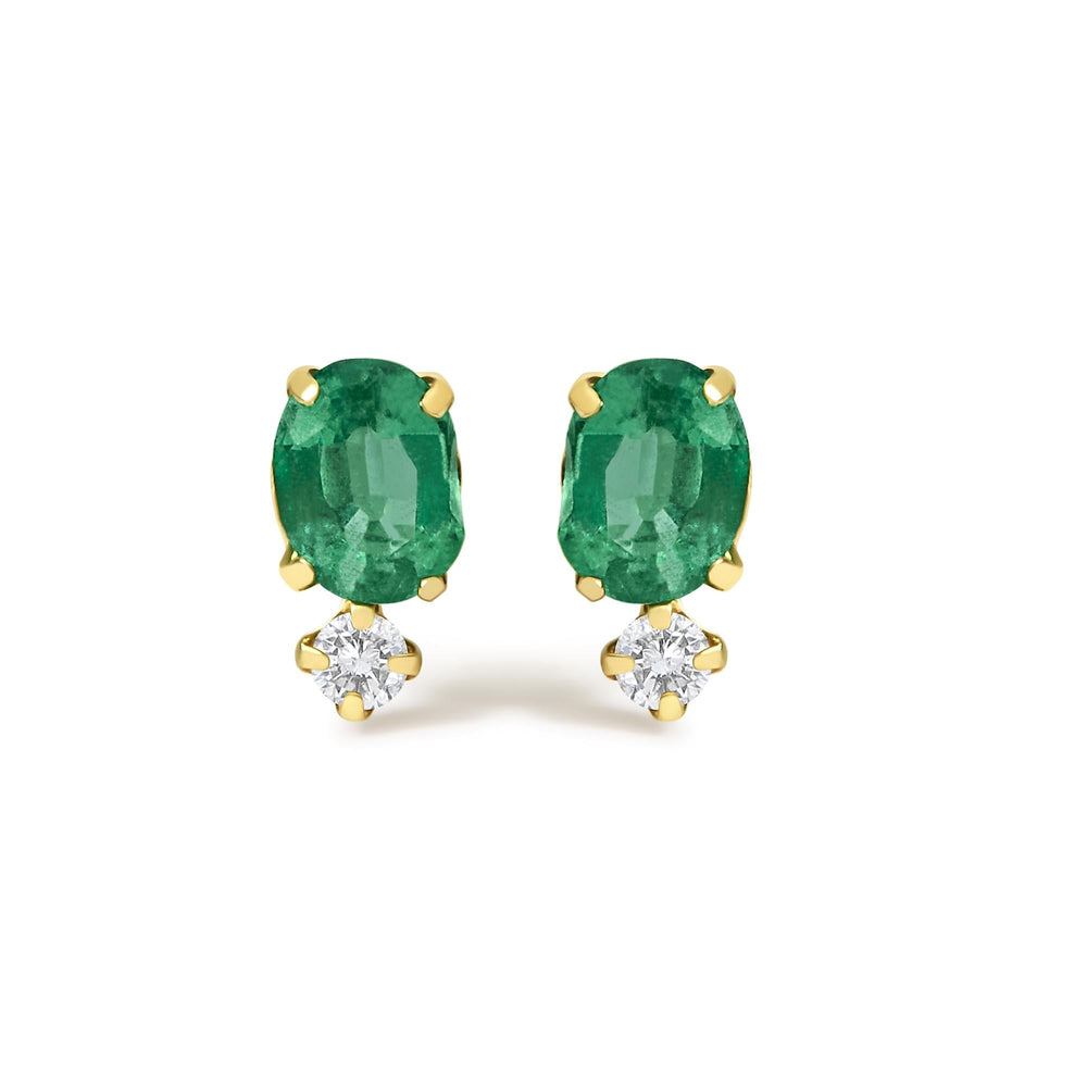 18K Yellow Gold Oval Green Emerald and Diamond Double Drop Stud Earrings