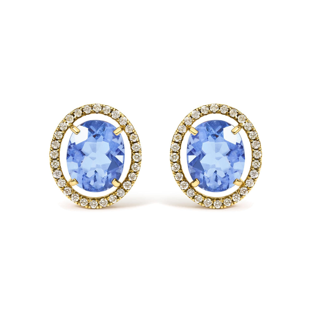 18K Yellow Gold 8X10 MM Blue Fluorite Oval and 1/2 Cttw Diamond Halo Stud Earrings