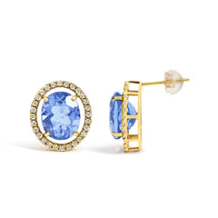 18K Yellow Gold 8X10 MM Blue Fluorite Oval and 1/2 Cttw Diamond Halo Stud Earrings