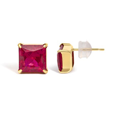 18K Yellow Gold 7x7 MM Created Red Ruby Princess Cut Solitaire Stud Earrings