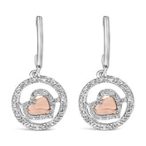 14K Rose Gold Plated .925 Sterling Silver 1/5 Cttw Diamond Circle and Heart Drop Earrings