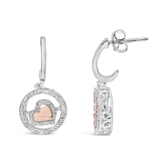 14K Rose Gold Plated .925 Sterling Silver 1/5 Cttw Diamond Circle and Heart Drop Earrings