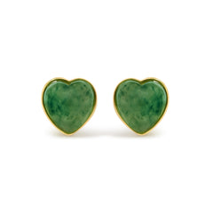 18K Yellow Gold 9x8 MM Bezel Set Green Jade Heart Stud Earrings