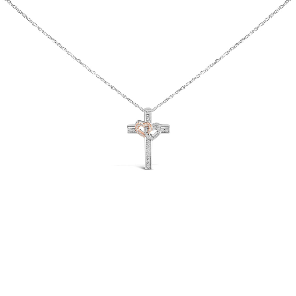 14K Rose Gold Plated Sterling Silver 1/10 Cttw Diamond Cross & Heart Pendant Necklace