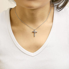 14K Rose Gold Plated Sterling Silver 1/10 Cttw Diamond Cross & Heart Pendant Necklace