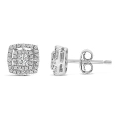 .925 Sterling Silver 1/4 Cttw Diamond Double Halo Cushion Shaped Stud Earrings