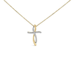 14K Yellow Gold Plated Sterling Silver 1/4 Cttw Diamond Cross Pendant Necklace