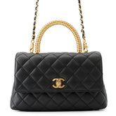 Chanel Matelassé handbag, Coco Mark, Handle, Lambskin, A92990, CHANEL 2-way shoulder bag, Black, handbag for women — Like New