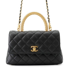 Chanel Matelassé handbag, Coco Mark, Handle, Lambskin, A92990, CHANEL 2-way shoulder bag, Black, handbag for women — Like New