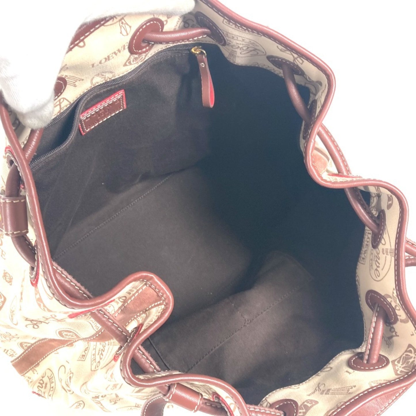 LOEWE 160th Anniversary Logo Anagram Drawstring Bag Shoulder Canvas Leather Women's Beige