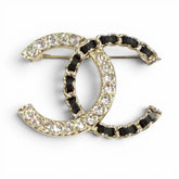 CHANEL A25B Coco Mark Rhinestone Leather Chain Brooch, Gold and Black, Made in France, Women's, with Box Dust Bag — Like New