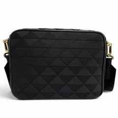 PRADA 2VH069 Brick Triangle Logo Jacquard Leather Shoulder Bag, Black with Gold Hardware, Made in Italy, Men's, Dust Bag — New - Store Return