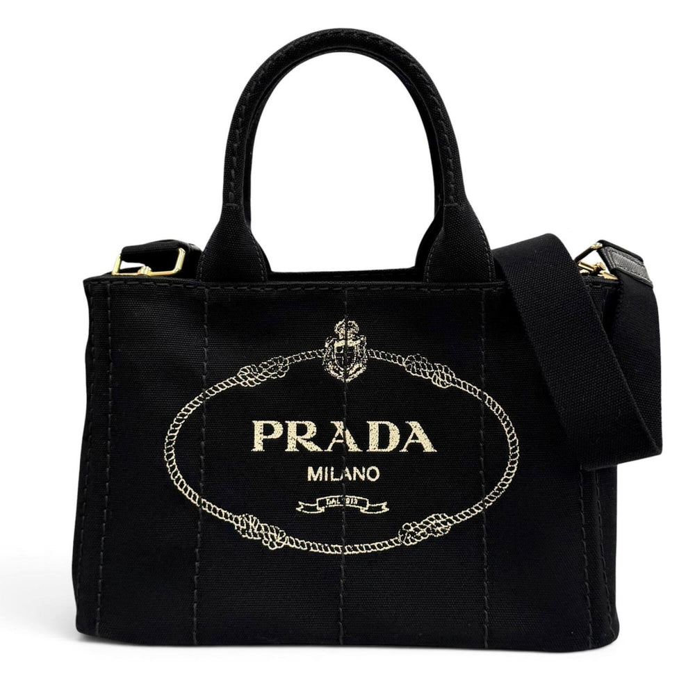PRADA 1BG439 Canapa NERO Triangle Logo Plate Design Canvas 2-way Tote Bag for Women with Dust — Like New