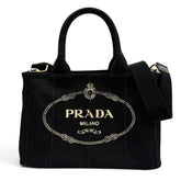 PRADA 1BG439 Canapa NERO Triangle Logo Plate Design Canvas 2-way Tote Bag for Women with Dust — Like New