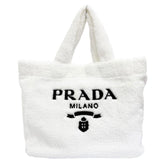 PRADA 1BG130 Terry Tote Bag, Triangle Logo, Large White/Black, Made in Italy, Women's, with Dust Bag — Like New