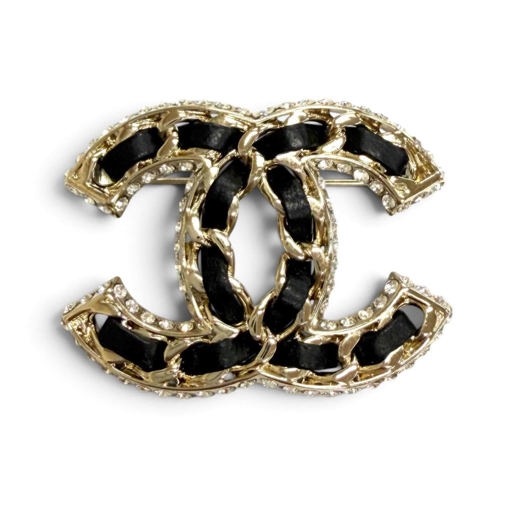 CHANEL B23P Coco Mark Lambskin Rhinestone Brooch, Black with Gold Hardware, Made in Italy, Women's, Very Popular — Like New