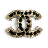 CHANEL B23P Coco Mark Lambskin Rhinestone Brooch, Black with Gold Hardware, Made in Italy, Women's, Very Popular — Like New