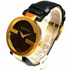 Gucci Interlocking Watch, Total Weight 41.2g, Stainless Steel, Genuine Leather Strap, Quartz Movement, Black Dial, 133.3 — Good
