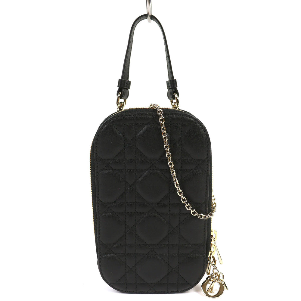 Christian Dior S0872ONMJ Lady Cannage Phone Pouch, Lambskin, Black, Gold Hardware, Made in Italy, Women's — Like New