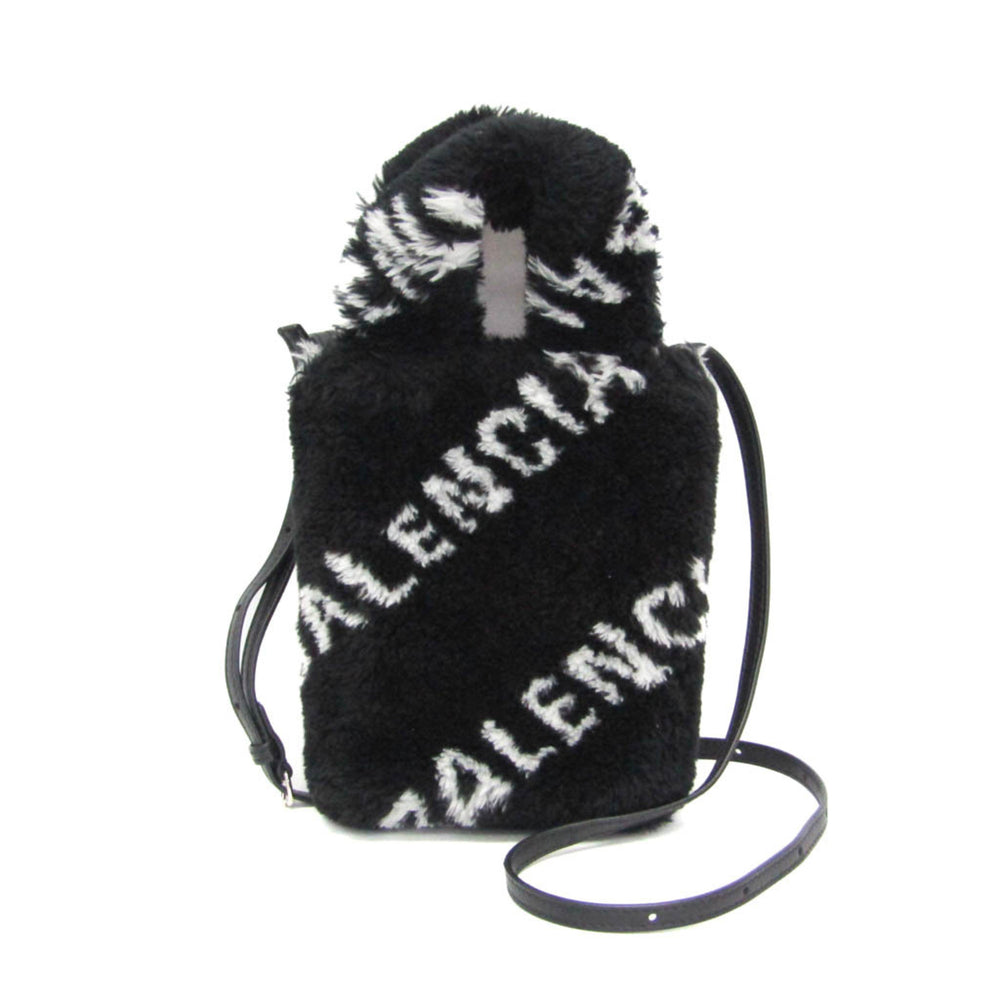 Balenciaga Everyday Phone Holder 596564 Women's Leather,Faux Fur Handbag,Shoulder Bag Black,White — Like New