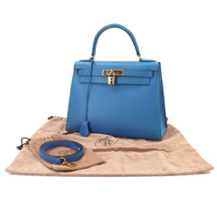 Hermes Kelly 28 2-way Hand/Shoulder Handbag, Courchevel Epsom Leather, Blue France, External Stitching, □A Stamp, Made in 1997, Gold Hardware — Like New