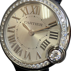 Cartier Ballon Bleu de watch, total weight 27.7g, stainless steel, genuine leather strap, diamonds, quartz movement, silver dial, W4BL0002 — Very Good