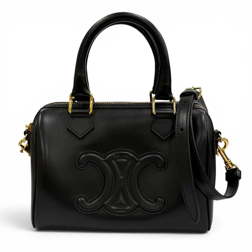 CELINE 11377 Smooth Calfskin Cuir Triomphe Small Boston 2-Way Bag Shoulder Black Made in Italy Women's with Dust — Like New