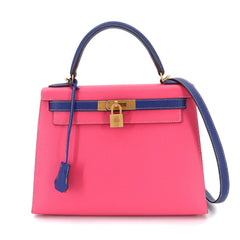 Hermes Kelly 28 Personal SPO Epsom Rose Azalee Blue Electric Hand Shoulder Handbag A Stamp External Stitching Matte Gold Hardware — Like New