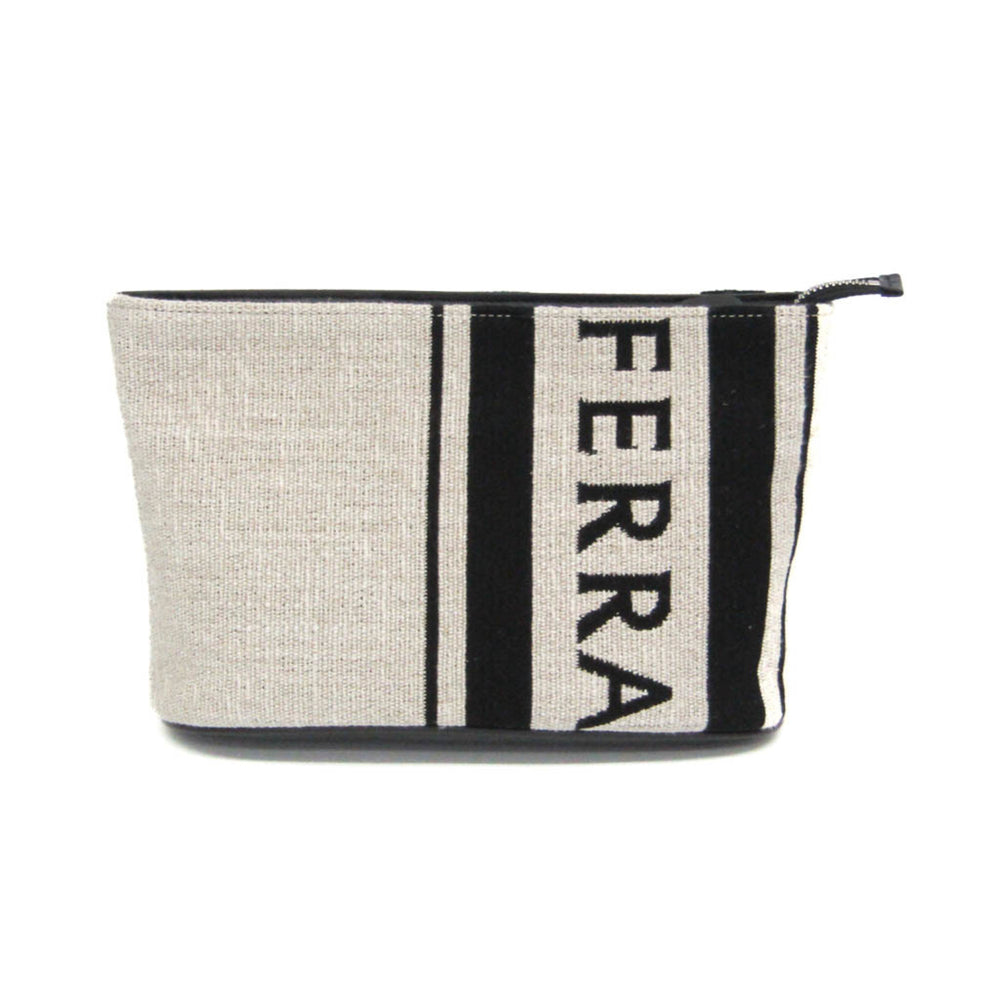 Salvatore Ferragamo Logo EE-24 1638 Men,Women Leather,Cotton Pouch Beige,Black — Like New
