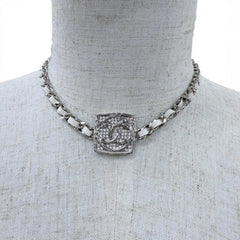 CHANEL (Chanel) 2025 Model B25C Coco Mark Rhinestone Leather Necklace Choker Silver White Made in Italy Women's — Like New