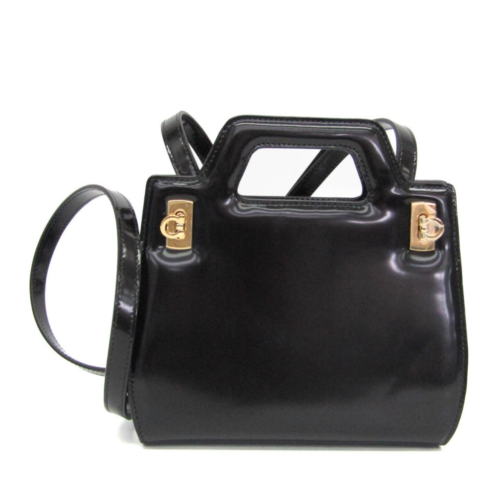 Salvatore Ferragamo Gancini Wanda AU-21 3485 Women's Leather Handbag,Shoulder Bag Black — Like New