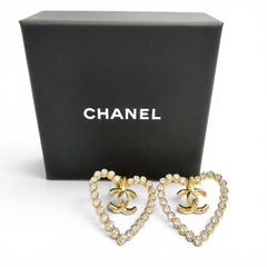 CHANEL L23C AB9926 Coco Mark Heart Crystal Rhinestone Earrings (Pair) Gold, Made in Italy, Women's, with Box — Like New