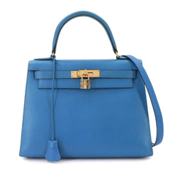 Hermes Kelly 28 2-way Hand/Shoulder Handbag, Courchevel Epsom Leather, Blue France, External Stitching, □A Stamp, Made in 1997, Gold Hardware — Like New