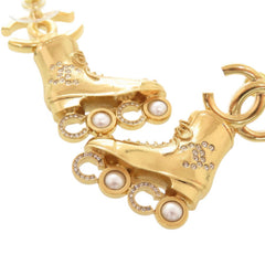 Unused Chanel Coco Mark Roller Skates Metal Rhinestone Faux Pearl Gold Earrings 1465CHANEL — Like New