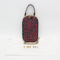 Christian Dior Lady Dior Phone Holder Women's Leather Pouch,Shoulder Bag Dark Navy,Red Color — Like New