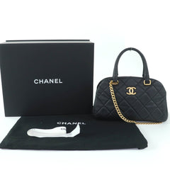 CHANEL AS3893 Caviar Skin Matelassé Coco Mark 2-Way Bowling Bag Handbag Black Gold Hardware Comes with Box and Dust Made in Italy Women's — Like New