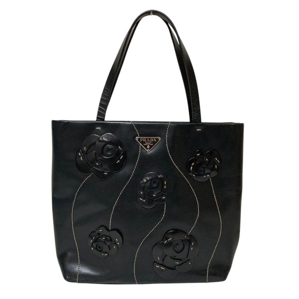 PRADA Triangle Logo Plate Flower Motif Leather Handbag B11285 Black Women's — Like New