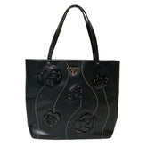 PRADA Triangle Logo Plate Flower Motif Leather Handbag B11285 Black Women's — Like New